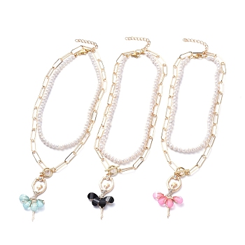 Pendant & Beaded Necklaces Sets, with Natural Pearl, Alloy Resin Pendants, Iron Paperclip Chains, 304 Stainless Steel Lobster Claw Clasps & Toggle Clasps, Ballet Girl, Mixed Color, 17.44 inch(44.3cm), 13.3 inch~14.88 inch(33.8~37.8cm), 6pcs/set