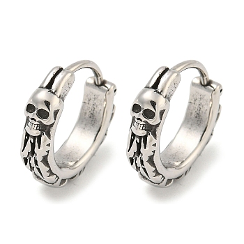 316 Surgical Stainless Steel Hoop Earrings, Skull, Antique Silver, 14x3.5mm