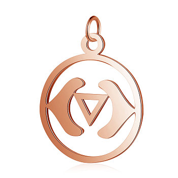 304 Stainless Steel Pendants, Chakra, Ajna, Flat Round, Rose Gold, 22.5x19x1mm, Hole: 3mm
