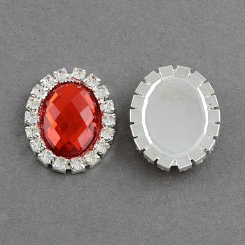 Shining Flat Back Faceted Oval Acrylic Rhinestone Cabochons, with Grade A Crystal Rhinestones and Brass Cabochon Settings, Silver Color Plated Metal Color, Red, 25x20x5mm