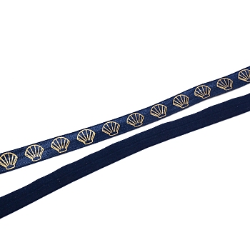 Polyester Elastic Ribbon, Flat with Gold Shell Pattern, for Gift Decoration, Garment Accessories, Midnight Blue, 5/8 inch(15x0.5mm)