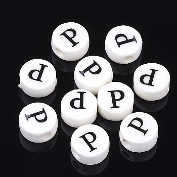 Handmade Porcelain Beads, Horizontal Hole, Flat Round with Letter, White, Letter.P, 8~8.5x4.5mm, Hole: 2mm