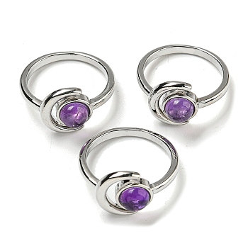 Natural Amethyst Adjustable Rings, with Platinum Brass Findings, Long-Lasting Plated, Jewely for Women, Moon with Round, US Size 8(18.1mm).