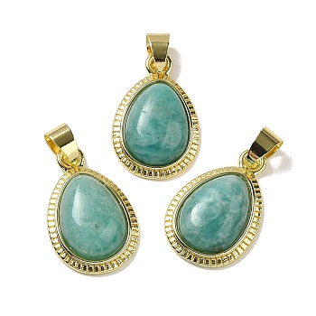 Natural Amazonite Pendants, Teardrop Charms with Rack Plating Golden Tone Brass Findings, Cadmium Free & Lead Free, 23x14.5x5.8mm, Hole: 3.8x5.4mm