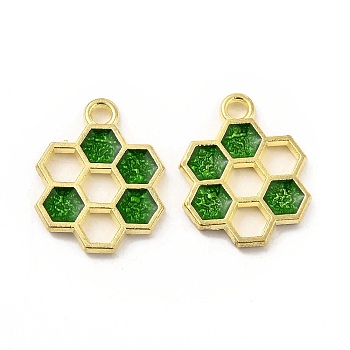Alloy Enamel Pendants, Honeycomb Charm, Golden, Green, 19x15x1.5mm, Hole: 2mm