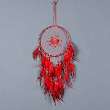 Woven Net/Web with Feather Hanging Ornaments, for Home Living Room Bedroom Decor, with Wood Beads, Red, 500x200mm