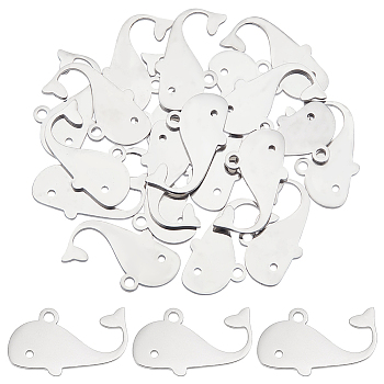 201 Stainless Steel Pendants, Whale Shaped, Stainless Steel Color, 10.5x18x1mm, Hole: 1.6mm, 20pcs/box