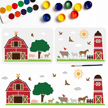 US 1 Set Farm Theme PET Hollow Out Drawing Painting Stencils, with 1Pc Art Paint Brushes, for DIY Scrapbook, Photo Album, House, 210x297mm, 2pcs/set