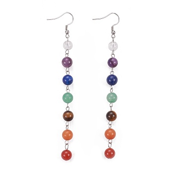 Chakra Jewelry, Natural Mixed Gemstone Dangle Earrings, with Stainless Steel Findings, 117mm, Pendant: 96x8.5mm, Pin: 0.7mm
