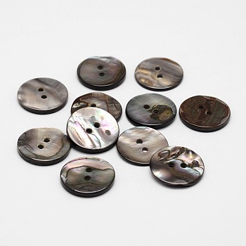 2-Hole Flat Round Natural Black Shell Buttons, Black, 17x2mm, Hole: 2mm