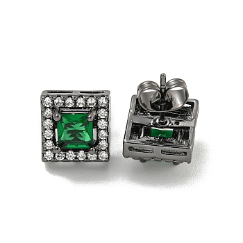 Square Brass Micro Pave Clear Cubic Zirconia Stud Earrings, with Emerald Rhinestone for Women, Gunmetal, 10x10mm