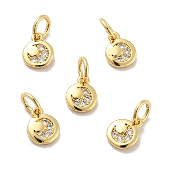 Flat Round Brass Micro Pave Clear Cubic Zirconia Charms, with Jump Rings, Cadmium Free & Nickel Free & Lead Free, Real 18K Gold Plated, 7.5x6x1.5mm, Hole: 3.4mm