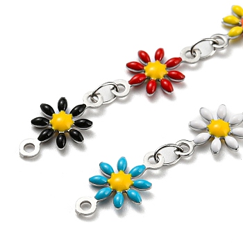 304 Stainless Steel Flower Link Chain, with Enamel, with Spool, Unwelded, Colorful, 12.5~13x7~8x2mm, 5m/roll