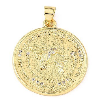 Rack Plating Brass Micro Pave Cubic Zirconia Pendants, Long-Lasting Plated, Cadmium Free & Lead Free, Flat Round with Hummingbird Charms, Real 18K Gold Plated, 26x23x2.5mm, Hole: 3.2x4mm