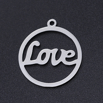 Non-Tarnish 201 Stainless Steel Laser Cut Pendants, Ring with Word LOVE, Stainless Steel Color, 22x19.5x1mm, Hole: 1.5mm