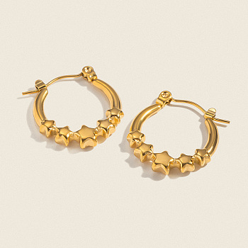 European Style Star 304 Stainless Steel Hoop Earrings, Real 18K Gold Plated, 20x18.5mm