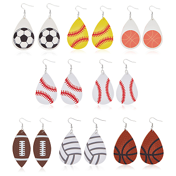 8 Pairs 8 Style PU Imitation Leather Teardrop with Sport Theme Pattern Dangle Earrings, Platinum Alloy Jewelry for Women, Mixed Patterns, 80~91mm, Pin: 0.7mm, 1 Pair/style