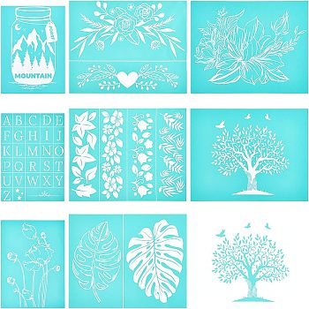 Olycraft 8 Patterns Self-Adhesive Silk Screen Printing Stencil, for Painting on Wood, DIY Decoration T-Shirt Fabric, Alice Blue, 19.5x14cm, 8pcs/set