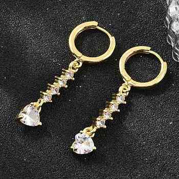 Brass Micro Pave Cubic Zirconia Hoop Dangle Earrings, Heart, Lead Free & Cadmium Free, Rack Plating, Long-Lasting Plated, Real 18K Gold Plated, 40x7mm