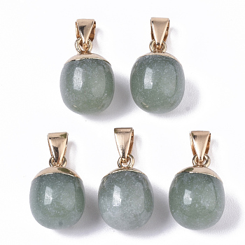 Top Golden Plated Natural Green Aventurine Pendants, with Iron Snap on Bails & Loop, Barrel, 17~19x11.5~12.5mm, Hole: 4x6mm