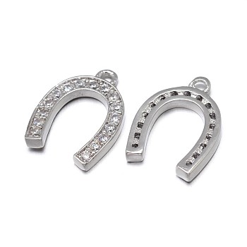 Horseshoe Brass Micro Pave Cubic Zirconia Charms, Grade AAA, Lead Free & Nickel Free & Cadmium Free, Real Platinum Plated, 14.5x10x2mm, Hole: 1mm