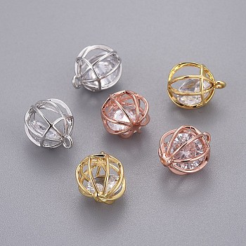 Brass Charms, with Floating Glass Beads Inside, Hollow, Round, Mixed Color, 12x10mm, Hole: 1.2mm