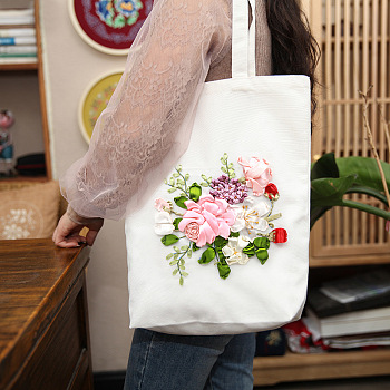 DIY Canvas Tote Bag Ribbon Embroidery Kit, including Embroidery Needles & Thread, White Cotton Fabric, Imitation Bamboo Embroidery Hoop, Flower Pattern, 390x340mm
