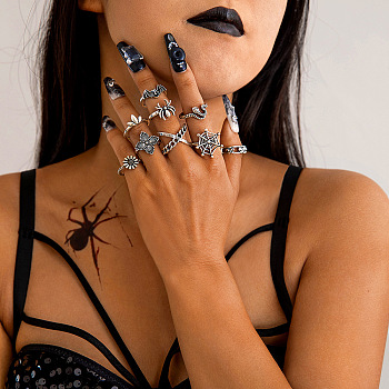 Halloween Theme Alloy Ring Sets, Antique Silver, Inner Diameter: 17~18mm