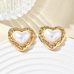 304 Stainless Steel & ABS Plastic Pearl Stud Earrings, Heart, PVD Vacuum Plating, Golden, 22.5x23mm(SA-CBA2696-38G)