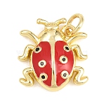 Brass Micro Pave Clear Cubic Zirconia Pendants, with Enamel, Beetle/Ladybug Charms, Long-Lasting Plated, Rack Plating, Lead Free & Cadmium Free, Real 18K Gold Plated, Red, 15.5x14x4mm, Hole: 3.5mm(KK-F938-22A-G03)