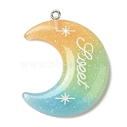Gradient Color Translucent Resin Pendants, Glitter Moon Charms with Platinum Tone Iron Loops, Light Green, 40x34x5mm, Hole: 2mm(FIND-Z006-03B)