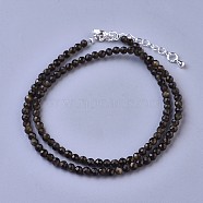 Natural Golden Sheen Obsidian Beaded Necklaces, with Brass Lobster Claw Clasps, Faceted Round Beads, 16.5 inch~16.7 inch(42~42.5cm)x3~3.5mm(NJEW-K114-B-A19)