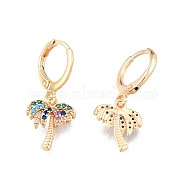 Colorful Cubic Zirconia Coconut Tree Dangle Leverback Earrings, Brass Jewelry for Women, Cadmium Free & Nickel Free & Lead Free, Real 18K Gold Plated, 26mm, Pin: 1mm(EJEW-N012-85)