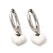White Enamel Heart Dangle Hoop Earrings, 304 Stainless Steel Jewelry for Women, Stainless Steel Color, 21mm, Pin: 0.9mm(EJEW-P219-07P)