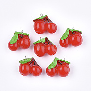Resin Pendants, with Platinum Tone Iron Findings, Imitation Food, Cherry, Red, 28~30x28~29x17mm, Hole: 2mm(X-RESI-T028-37)