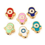 Rack Plating Brass Beads, with Enamel, Long-Lasting Plated, Real 18K Gold Plated, Hamsa Hand with Evil Eye, Mixed Color, 9.5x8.5x3.5mm, Hole: 1.2mm(KK-H486-03G)