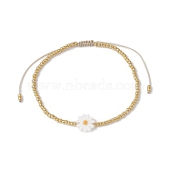 Flower Natural Shell & Glass Seed Braided Bead Bracelets, Adjustable Nylon Bracelet, Gold, Inner Diameter: 2-1/8~3-3/8 inch(5.5~8.5cm)(BJEW-JB09920)