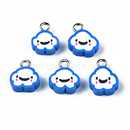 Handmade Polymer Clay Charms, with Platinum Plated Iron Loop, Cloud with Smile, Dodger Blue, 11~14x9~11.5x4mm, Hole: 1.8mm(CLAY-N006-37B-01B)
