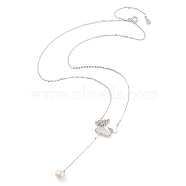 925 Sterling Silver with Shell Necklaces, Pearl with Butterfly Micro Pave Clear Cubic Zirconia Pendant Necklaces, Platinum, 18.11 inch(46cm)(STER-Z009-14P)