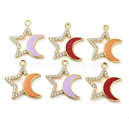 Brass Brass Micro Pave Cubic Zirconia Pendants, with Enamel, Real 18K Gold Plated, Star with Moon Charms, Mixed Color, 21.5x18.5x2mm, Hole: 1.8mm(KK-F871-17G)