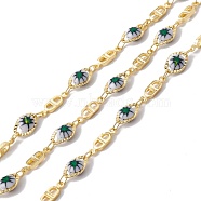 Handmade Eco-friendly Brass Horse Eye & Oval Link Chain, with Glass Leaf Pattern Beaded, Real 18K Gold Plated, Lead Free & Cadmium Free, Soldered, with Spool, Green, 9.5x6.5x4mm, 12x3.5x1.5(CHC-E025-17G)