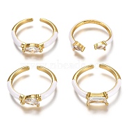 Brass Enamel Cuff Rings, Open Rings, with Clear Cubic Zirconia, Mixed Shapes, Real 18K Gold Plated, Long-Lasting Plated, White, US Size 6, Inner Diameter: 17mm(RJEW-C100-35G-A)