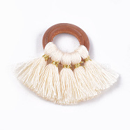 Cotton Tassel Pendant Decorations, with Wood Findings, Fan, Floral White, 33~35x40~49x4mm, Hole: 11~12mm(X-FIND-S298-04)