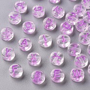 Transparent Clear Acrylic Beads, Horizontal Hole, Flat Round with Random Letter, Medium Orchid, 7x4mm, Hole: 1.6mm, about 3700pcs/500g(MACR-N008-44E)