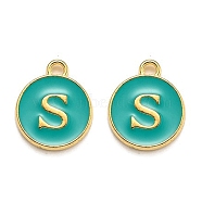 Golden Plated Alloy Enamel Charms, Enamelled Sequins, Flat Round with Alphabet, Letter.S, Green, 14x12x2mm, Hole: 1.5mm(X-ENAM-Q437-15S)