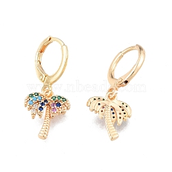 Colorful Cubic Zirconia Coconut Tree Dangle Leverback Earrings, Brass Jewelry for Women, Cadmium Free & Nickel Free & Lead Free, Real 18K Gold Plated, 26mm, Pin: 1mm(EJEW-N012-85)