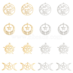 16Pcs 8 Style 304 Stainless Steel Pendants, Star & Moon, Real Gold Plated & Stainless Steel Color, 19~30x25~35x1~1.5mm, Hole: 1.2~1.5mm, 2pcs/style(STAS-DC0009-19)