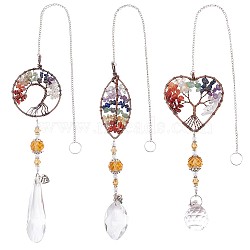 Chakra Theme Mixed Gemstone Big Pendants, with Glass Beads and Brass Findings, Heart &  Horse Eye & Round, with Tree of Life, 370~400mm, Pendant: 140~195x30~53x12~21mm, Hole: 10mm, 3pcs/set(G-WH0016-15)