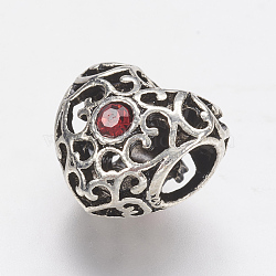 Tibetan Style Alloy Rhinestone European Beads, Large Hole Beads, Hollow Heart, Antique Silver, Red, 12x12.5x9.5mm, Hole: 5mm(PALLOY-F202-38E)