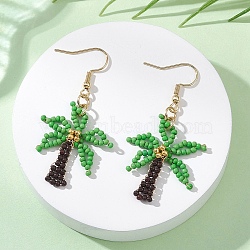 Glass Seed Beads Dangle Earrings, Coconut Tree, with 304 Stainless Steel Earring Findings, Golden, 51x28mm(EJEW-MZ00693)